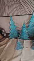 Charger et lire la vidéo dans la visionneuse de la galerie, Shimmery Silver Blue Evergreen Wood Christmas Trees Holiday Mantelpiece 3 Sizes
