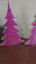 Load and play video in Gallery viewer, Hot Pink Silver Evergreen Christmas Trees Mantel Sitter Holiday Tabletop Decoration 3 Sizes
