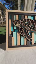 Load and play video in Gallery viewer, Hand-Painted Layered Wood Sea Turtle Wall Art – 11x14 Coastal Blues in Wood Cradle
