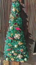 Load and play video in Gallery viewer, Holiday Crushed Glass Tree Wall Art | Greenish Blue Shou Sugi Ban Wood | Red Cardinal Glitter Star Resin Decor | 12x5.5
