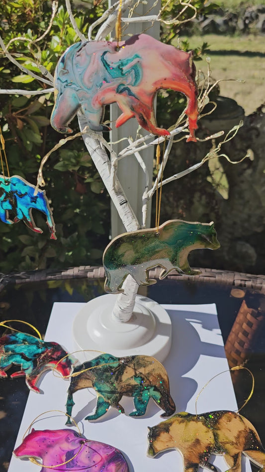 Handmade Grizzly Bear Christmas Ornament with Salmon - Rustic Wildlife Cabin Decor