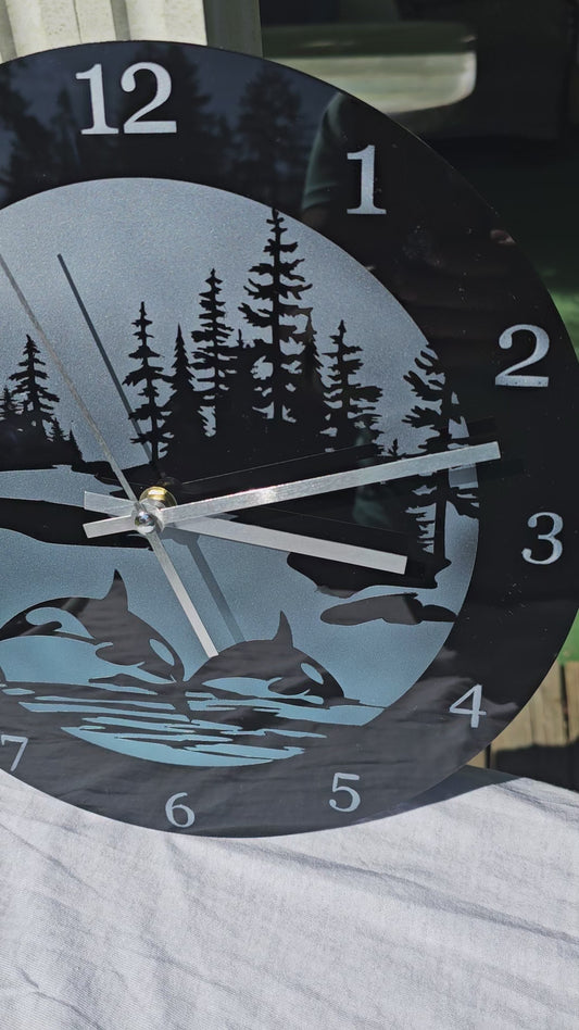 Midnight Breach: Hand-Painted Orca Silhouette Wall Clock