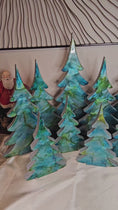 Load and play video in Gallery viewer, Handmade Blue Green Silver Resin Christmas Trees Holiday Mantelpiece 3 Sizes
