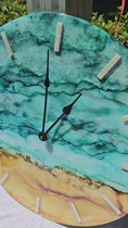 Charger et lire la vidéo dans la visionneuse de la galerie, Handmade 18" Abstract Coastal Wall Clock – Teal & Caramel Alcohol Ink Art with White Pearl Acrylic Ticks & Silent Sweep
