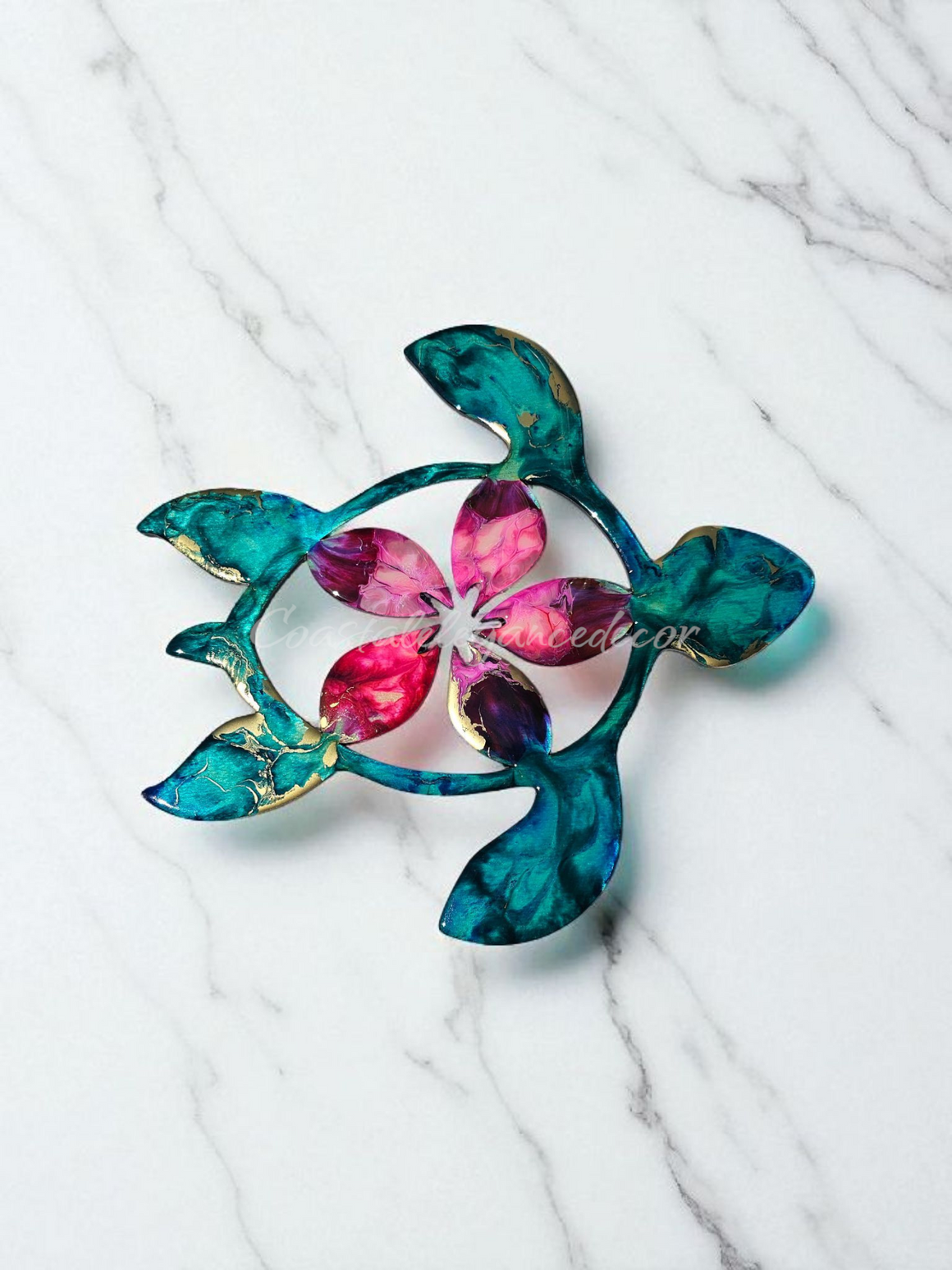 Handcrafted 10" Coastal Polynesian Flower Sea Turtle Wall Art Decor with Vibrant Colors