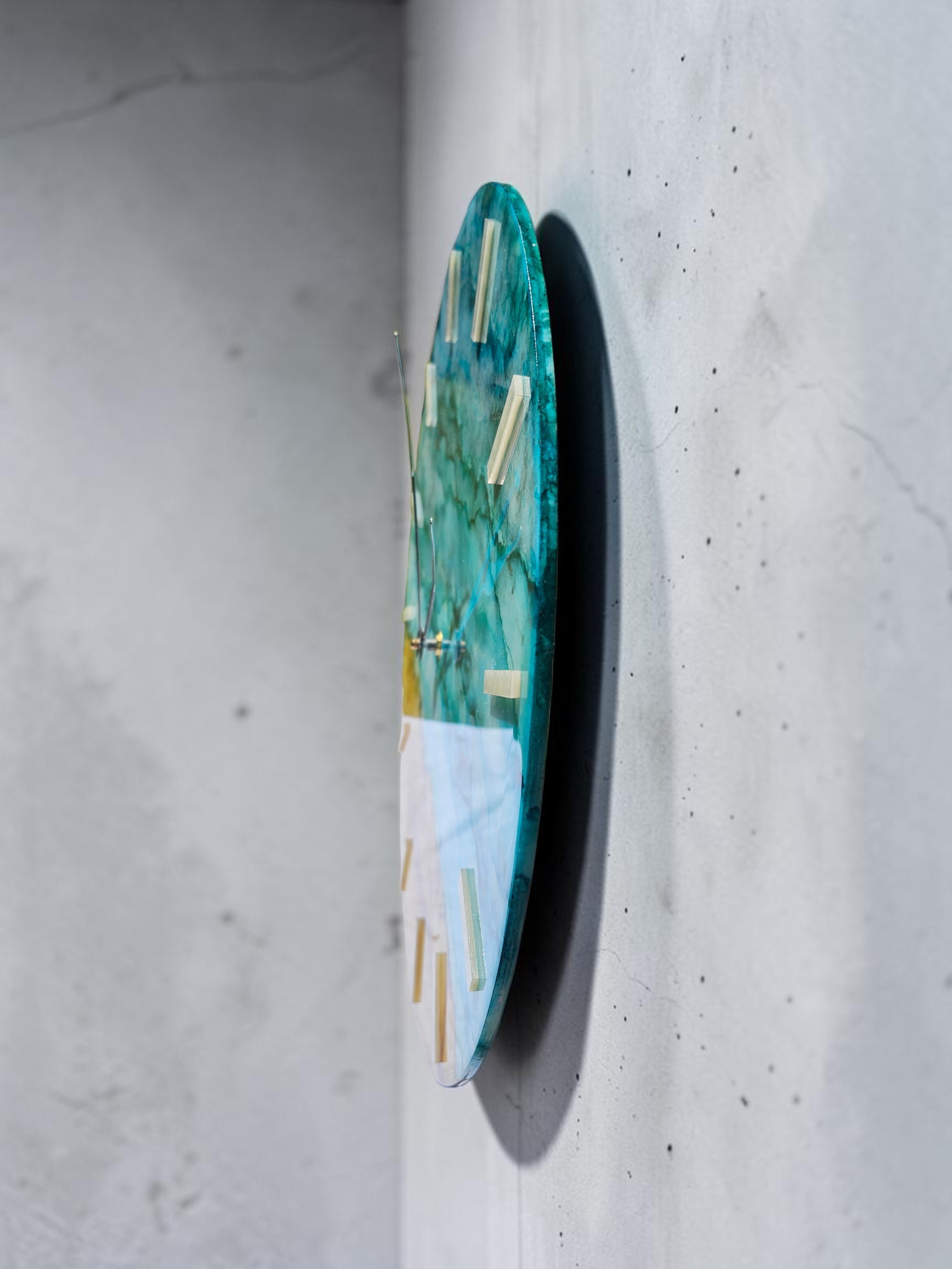 Handmade 18" Abstract Coastal Wall Clock – Teal & Caramel Alcohol Ink Art with White Pearl Acrylic Ticks & Silent Sweep