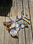 Charger l'image dans la visionneuse de la galerie, Handmade resin on wood elegant elk wall decoration with tree cutouts, featuring multi-color greens and browns, perfect for rustic home decor.

