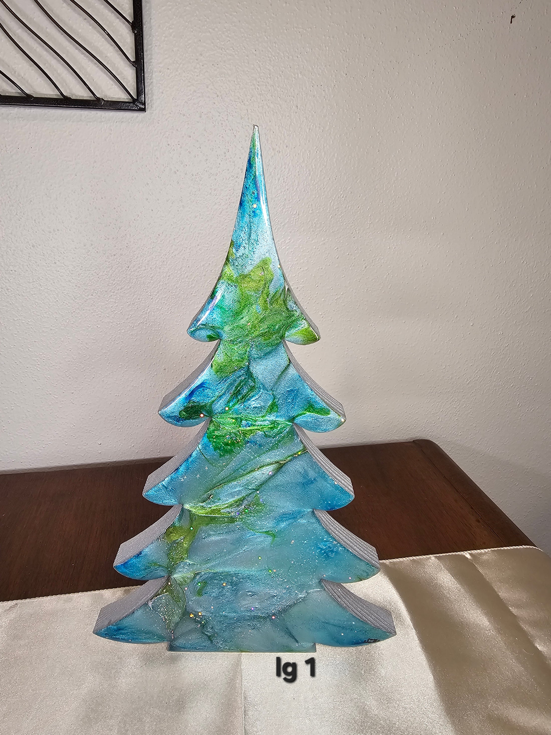Handmade Blue Green Silver Resin Christmas Trees Holiday Mantelpiece in Medium size, featuring stunning gold metallic hints and a charming design for holiday spirit.