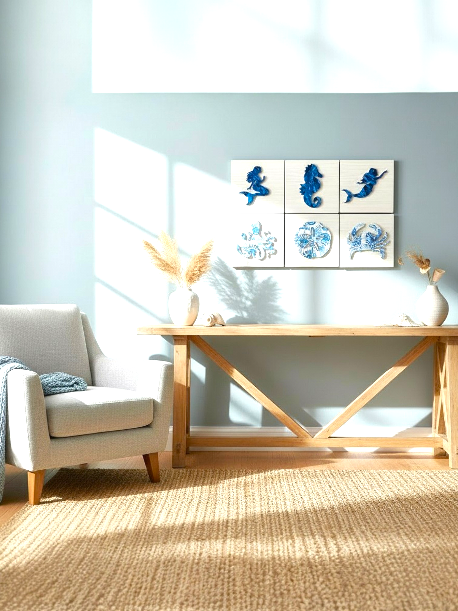3D acrylic sea creature tiled wall decoration with whitewashed wood-look finish