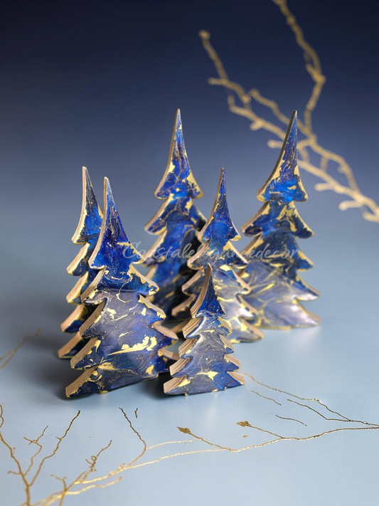 Rich Indigo Blue and Gold Handmade Resin and Wood Christmas Trees