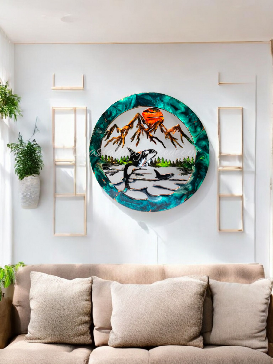 Orca Whales Pacific Northwest Wall Art with Mountains, Trees & Gold Accents - 15.75" Handmade Decor