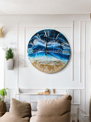 Handmade 19.5 Inch Blues Beach Ocean Waves Wall Clock with Roman Numerals & Real Seashells