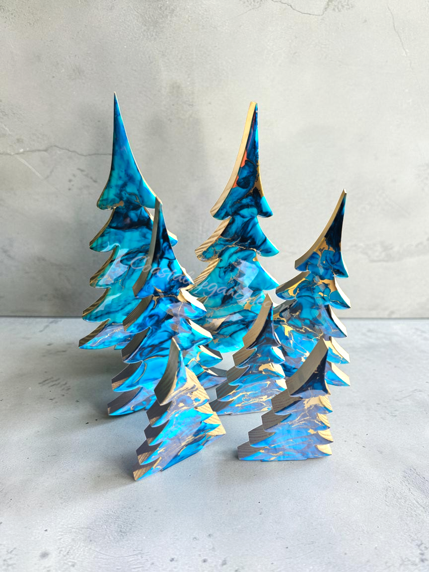 Handmade Light Blue, Navy & Gold Resin Wood Trees | Coastal Contemporary Tabletop Decor