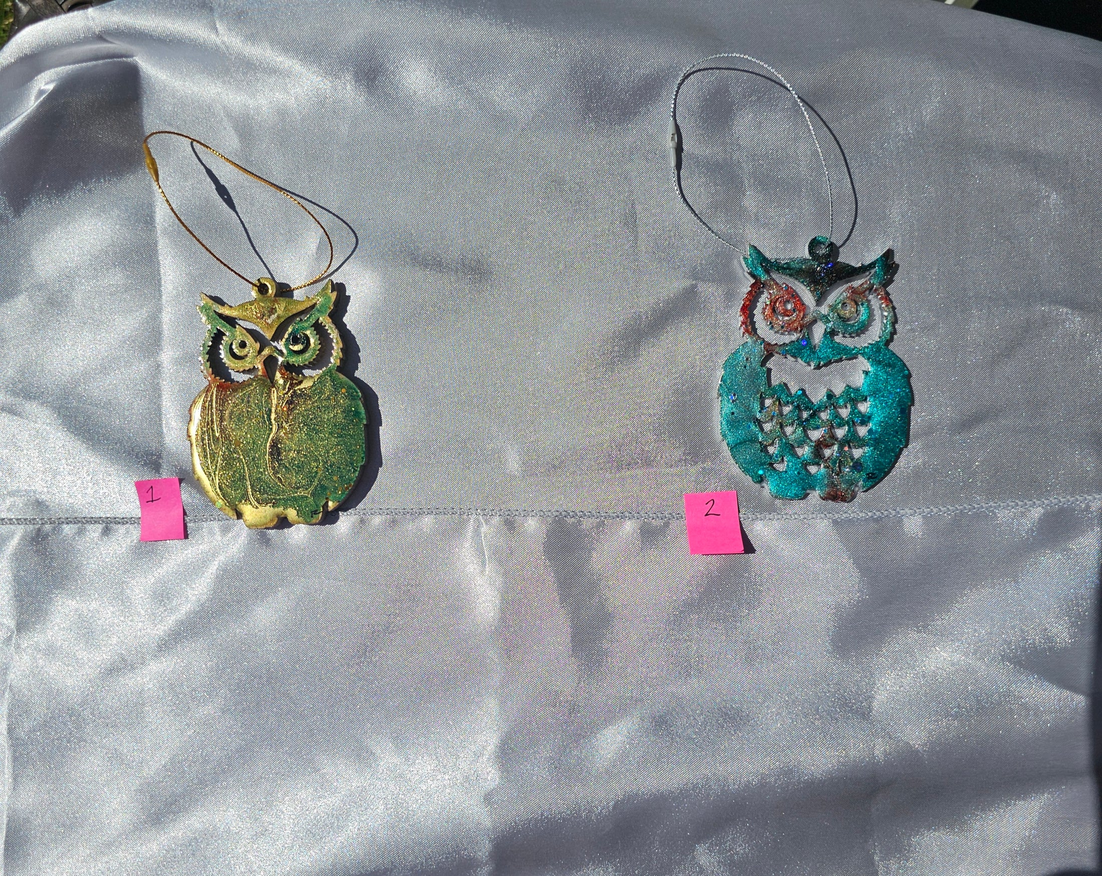 Sparkly Handmade Resin and Wood Owl Christmas Ornaments