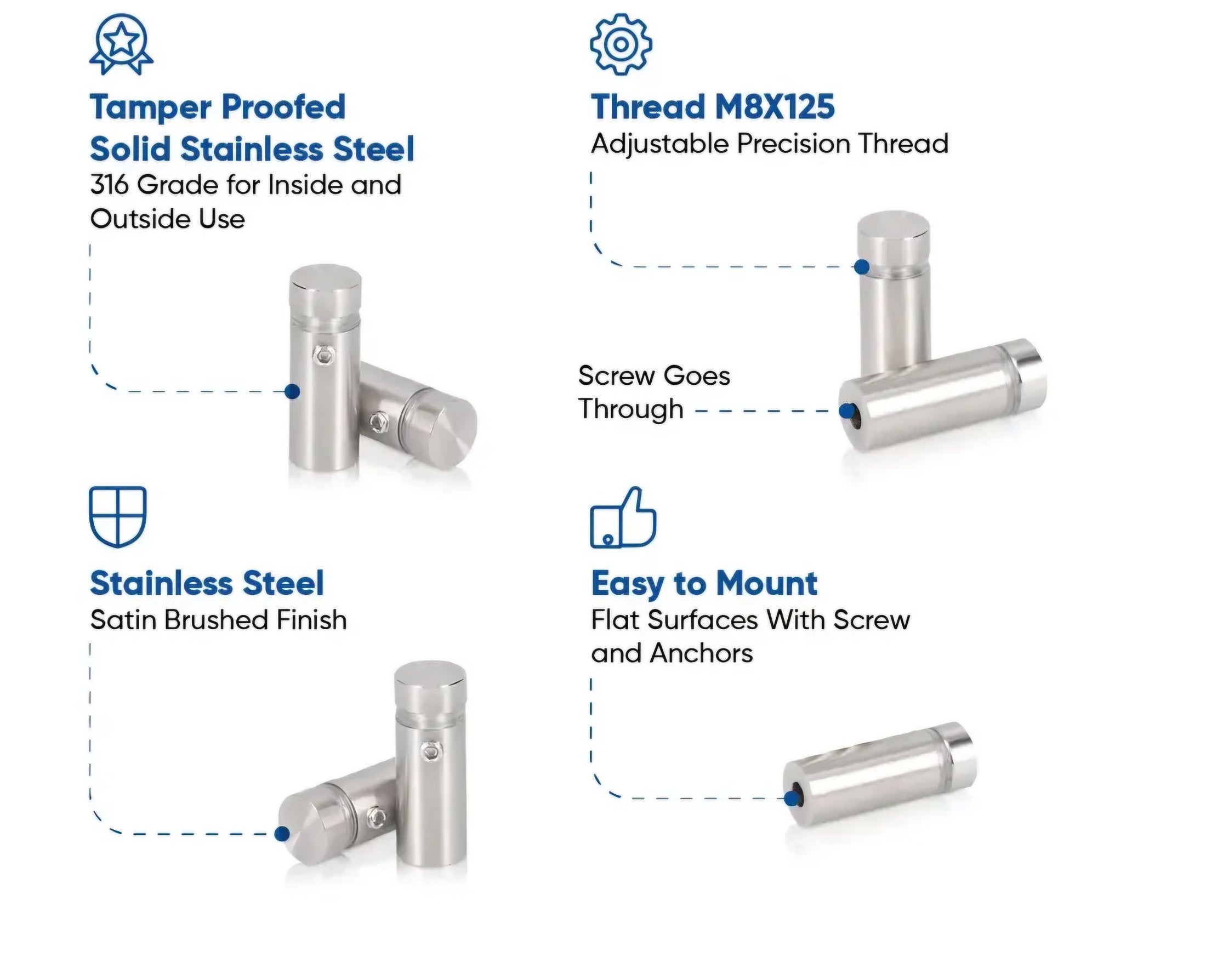 1/2" Round Sign Standoffs: 316 Marine Grade Stainless & Anodized Aluminum - Tamper Resistant Options