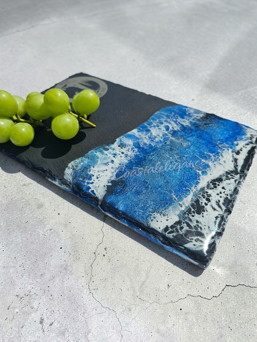 Slate & Ocean Resin Wave Charcuterie Board | Pacific Northwest Eagle & Lighthouse Serving Platter (12" x 8")