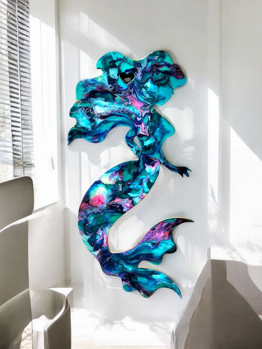 Large Handmade Mermaid Wall Art – Vibrant Colors with Curvy Hair & Heart Cutout Multiple
