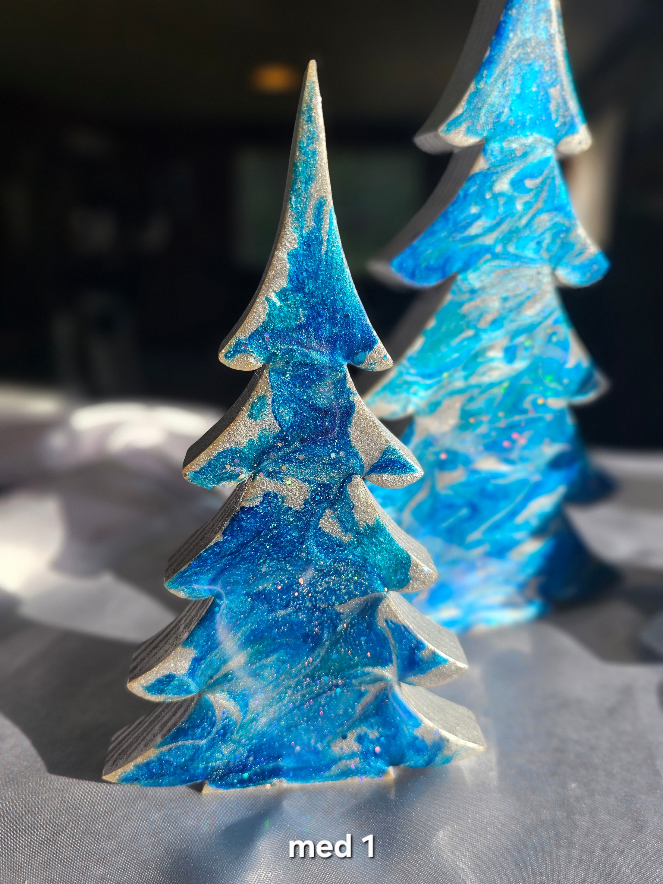Handmade Blue and Silver Resin Christmas Trees Holiday Mantelpiece - Medium Size 8" showcasing beautiful blue and silver hues.
