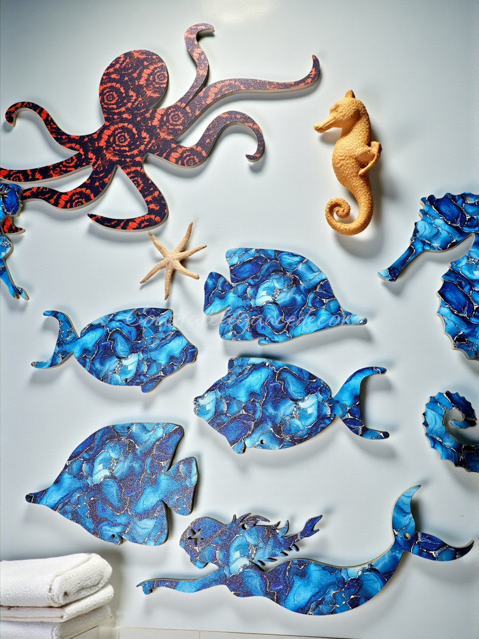 Close-up small fish, mermaid and seahorse in royal marble pattern and octopus sunset current acrylic wall art