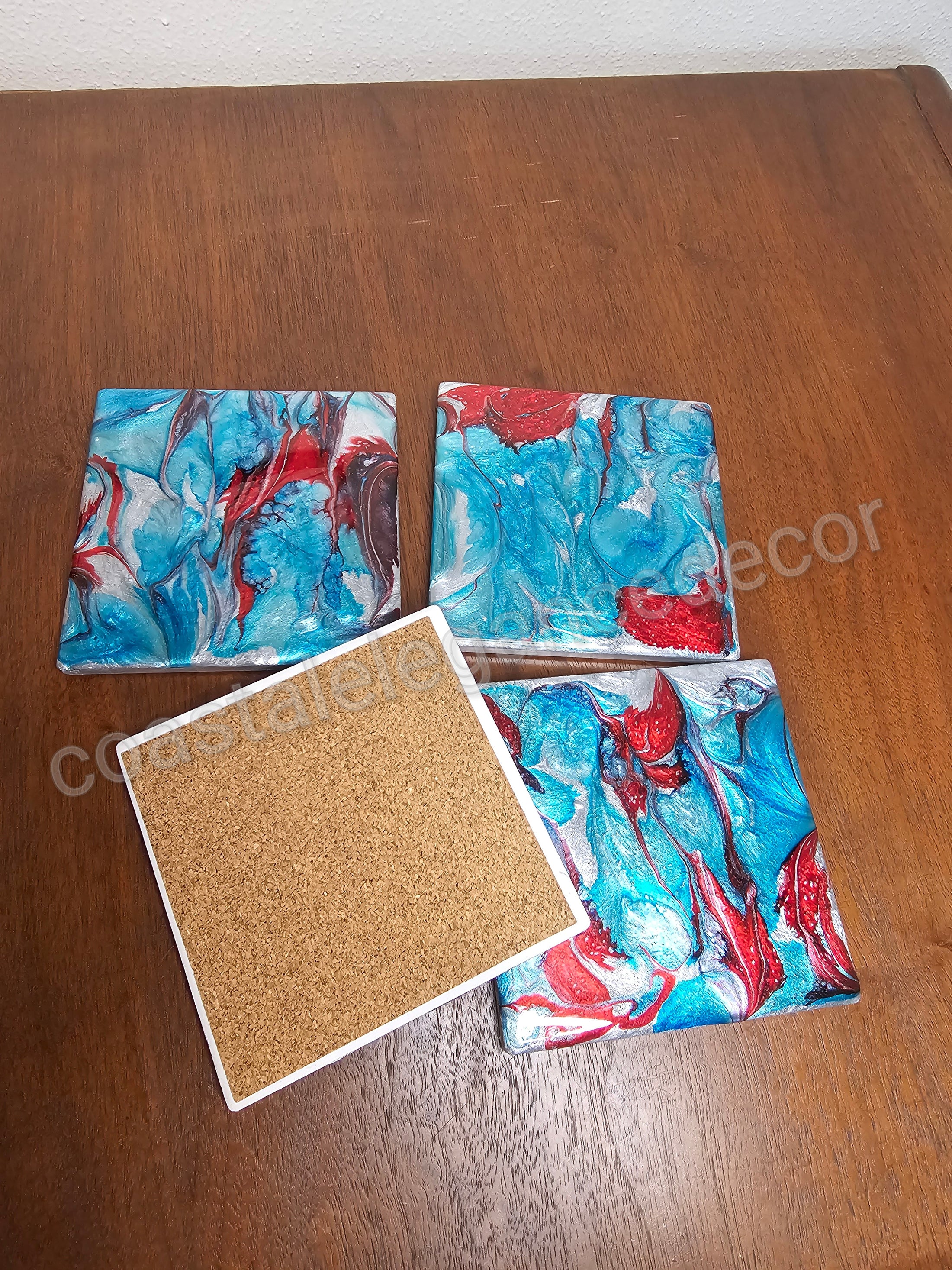 Turquoise and Red Resin on Ceramic Glass Drink Coasters 4 x 4 Inch Square