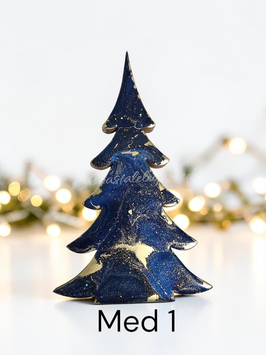 Rich Indigo Blue and Gold Handmade Resin and Wood Christmas Trees