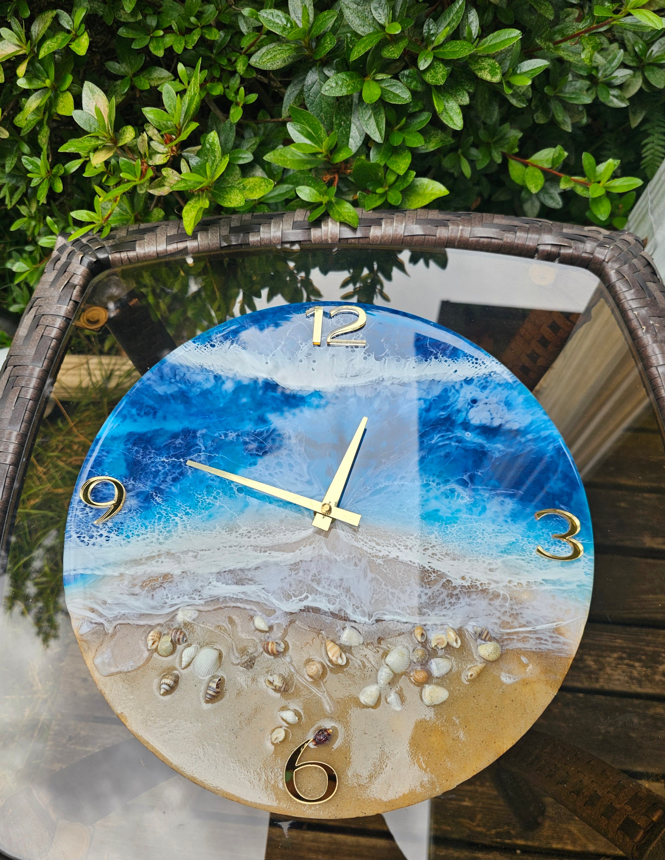 Handmade 12" Deep Blue Ocean Resin Wall Clock – Contemporary Gold Wave Art