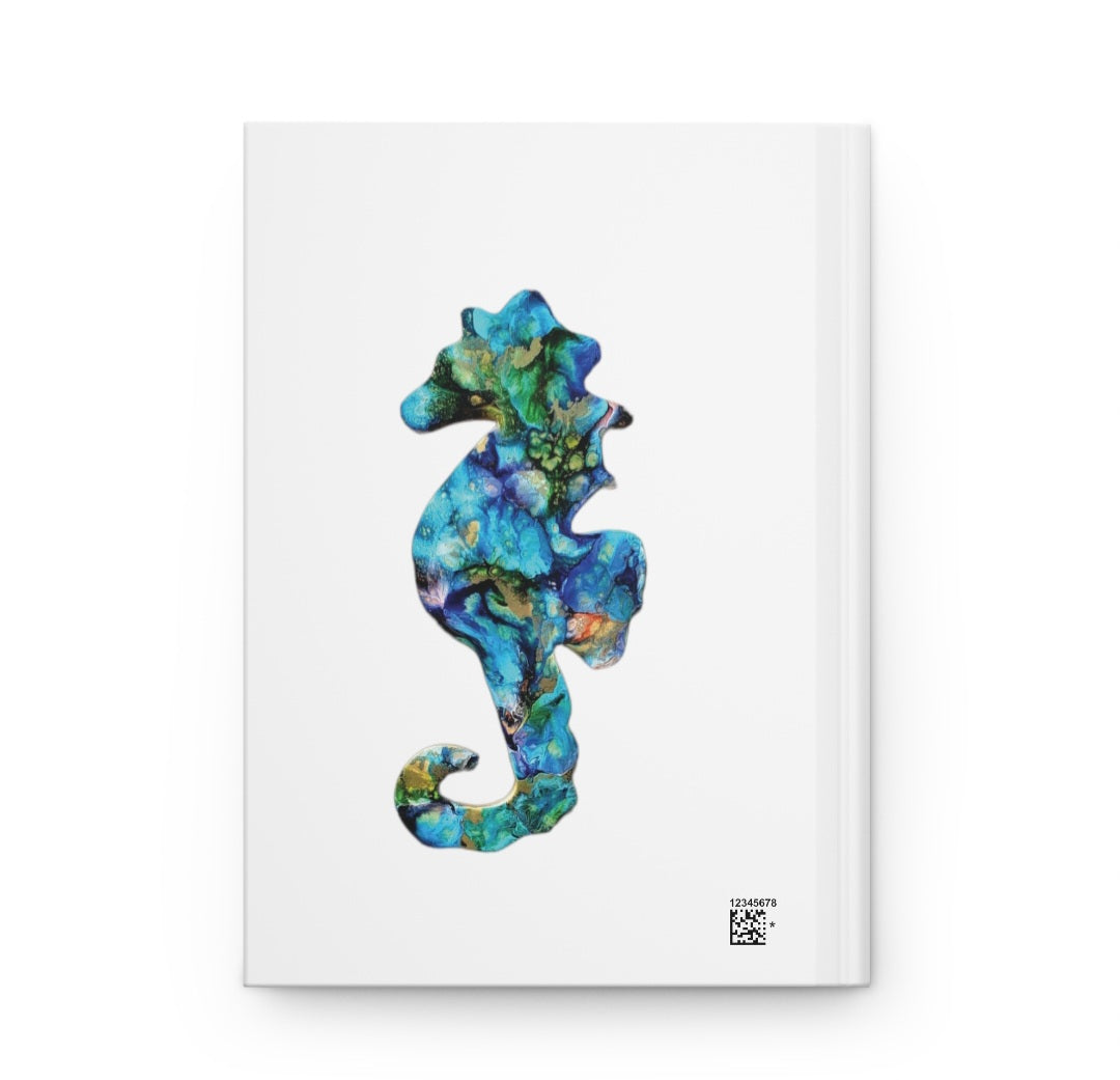 Beautiful Coastal Seahorse Print Hardcover Journal Lined Paper featuring a striking seahorse cutout on a matte background, perfect for note-taking and sketches.