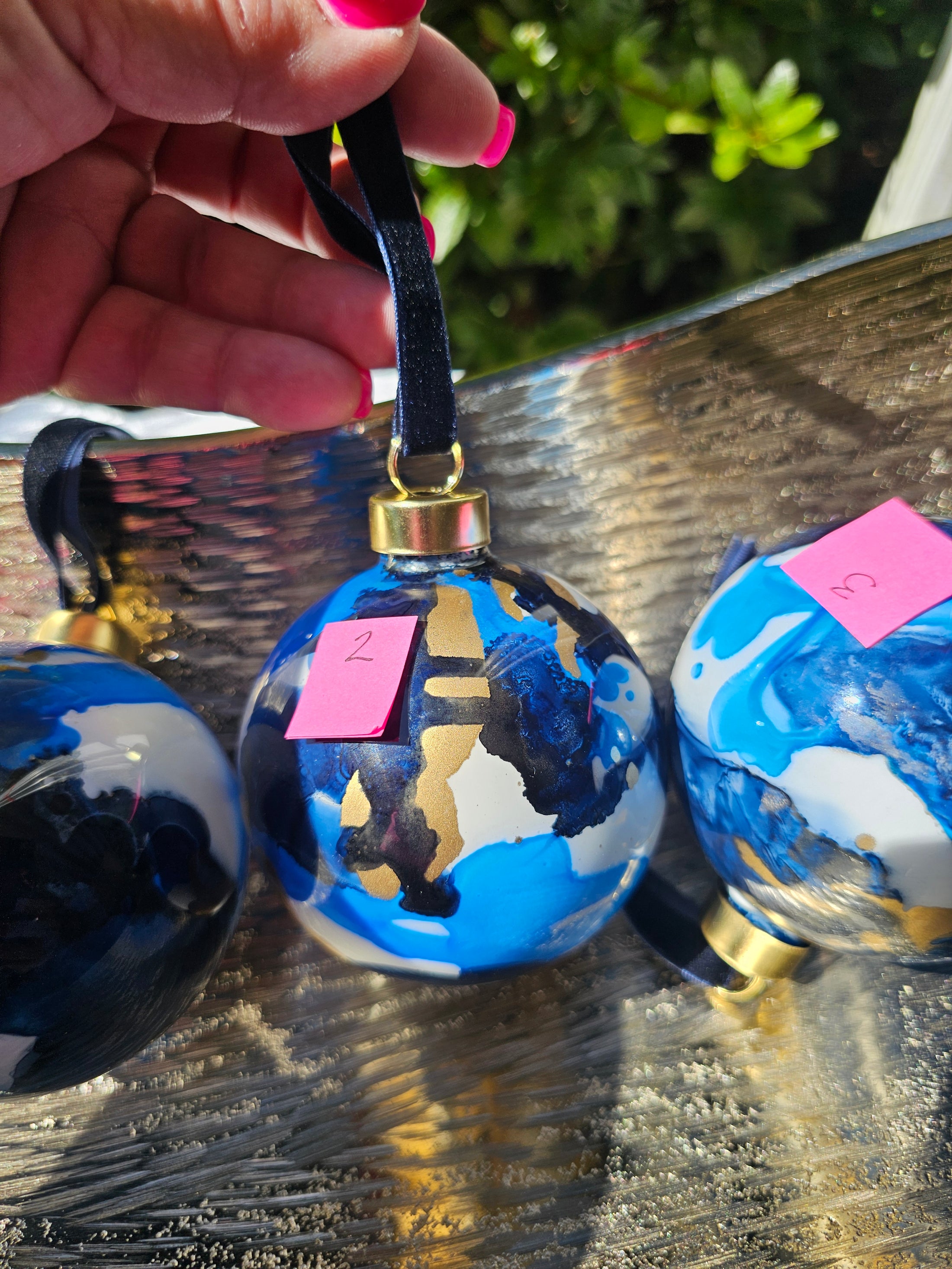 Handcrafted Deep Blue & Gold Ink Glass Christmas Ornament