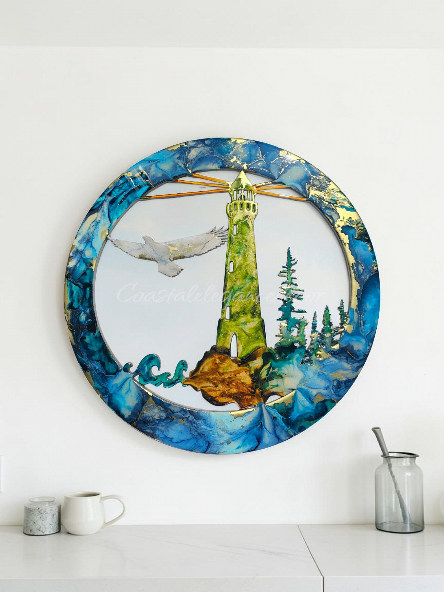 Original Lighthouse & Coastal Landscape Round Wall Art (15.75")