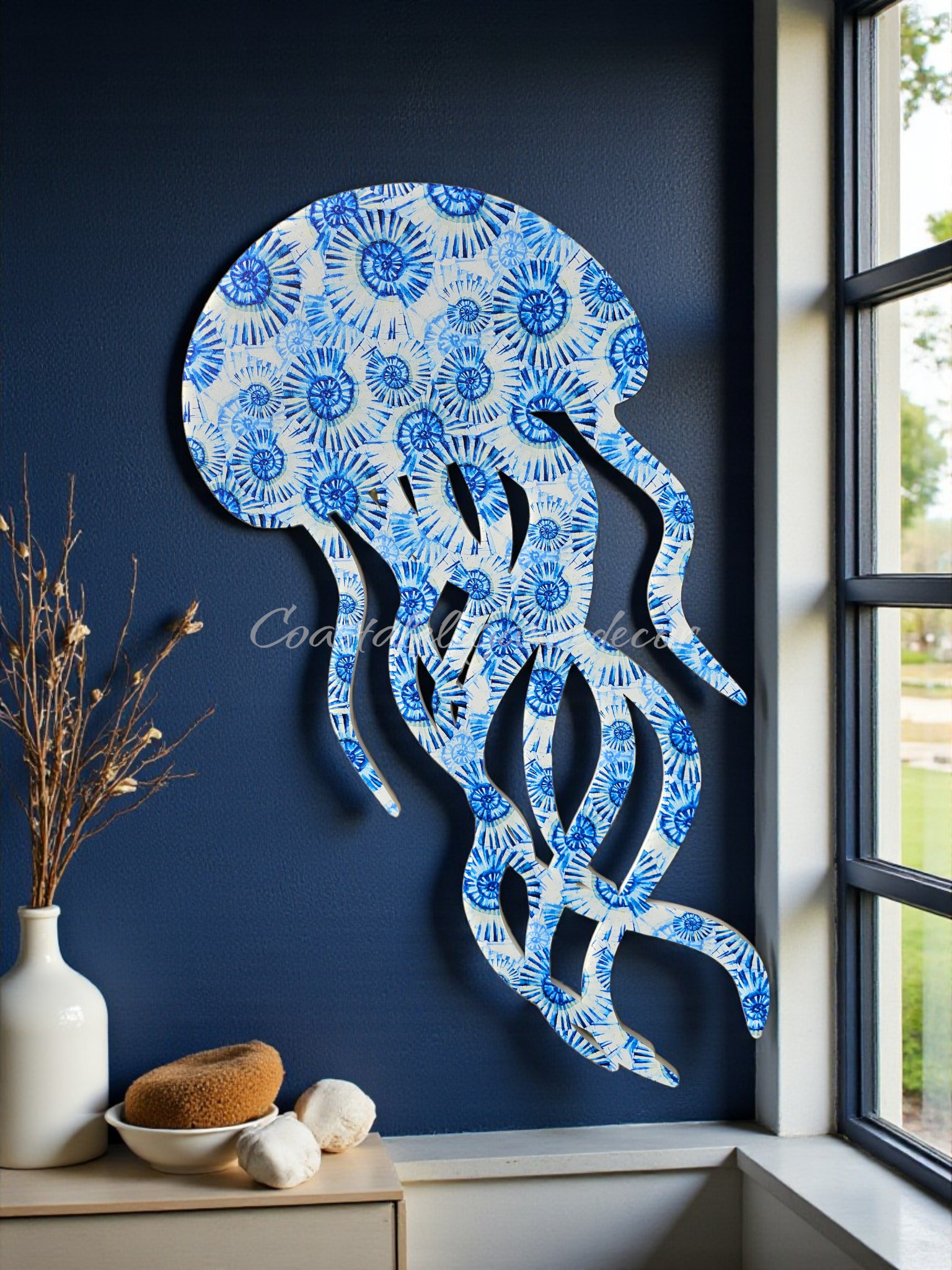 Large jellyfish weatherproof wall art indigo nautilus pattern - coastal living room decor