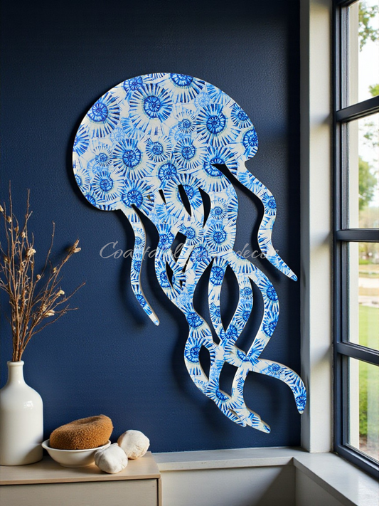 Large jellyfish weatherproof wall art indigo nautilus pattern - coastal living room decor