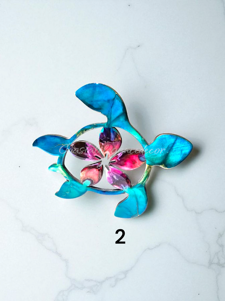 Handcrafted 10" Coastal Polynesian Flower Sea Turtle Wall Art Decor with Vibrant Colors