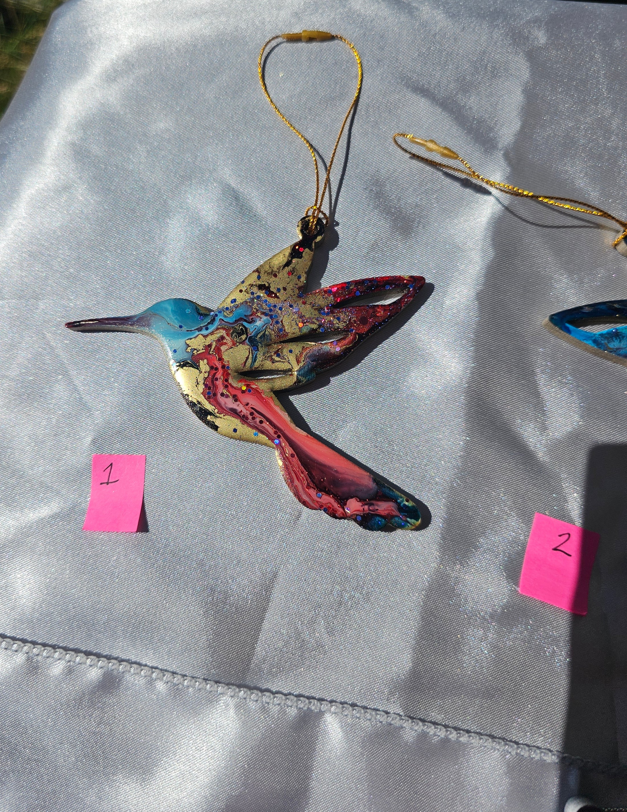 Sparkly Handmade Resin and Wood Hummingbird Christmas Ornaments