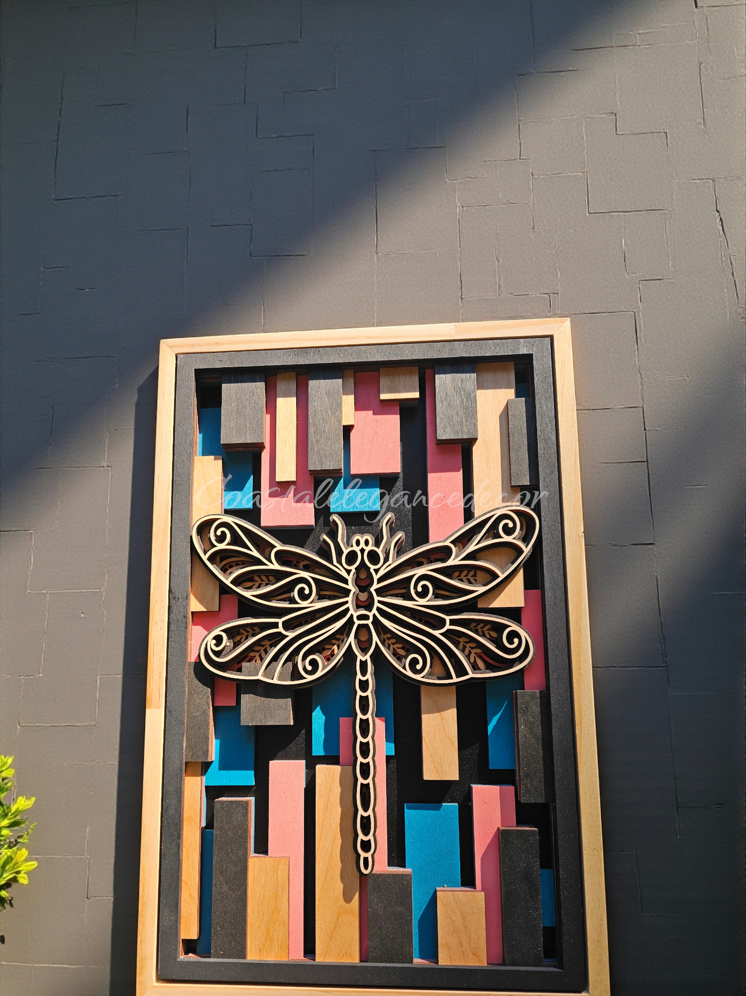 Hand-Painted Layered Wood Dragonfly Wall Art – 6-Layer Laser Cut Design in Coral, Blue & Natural Stains
