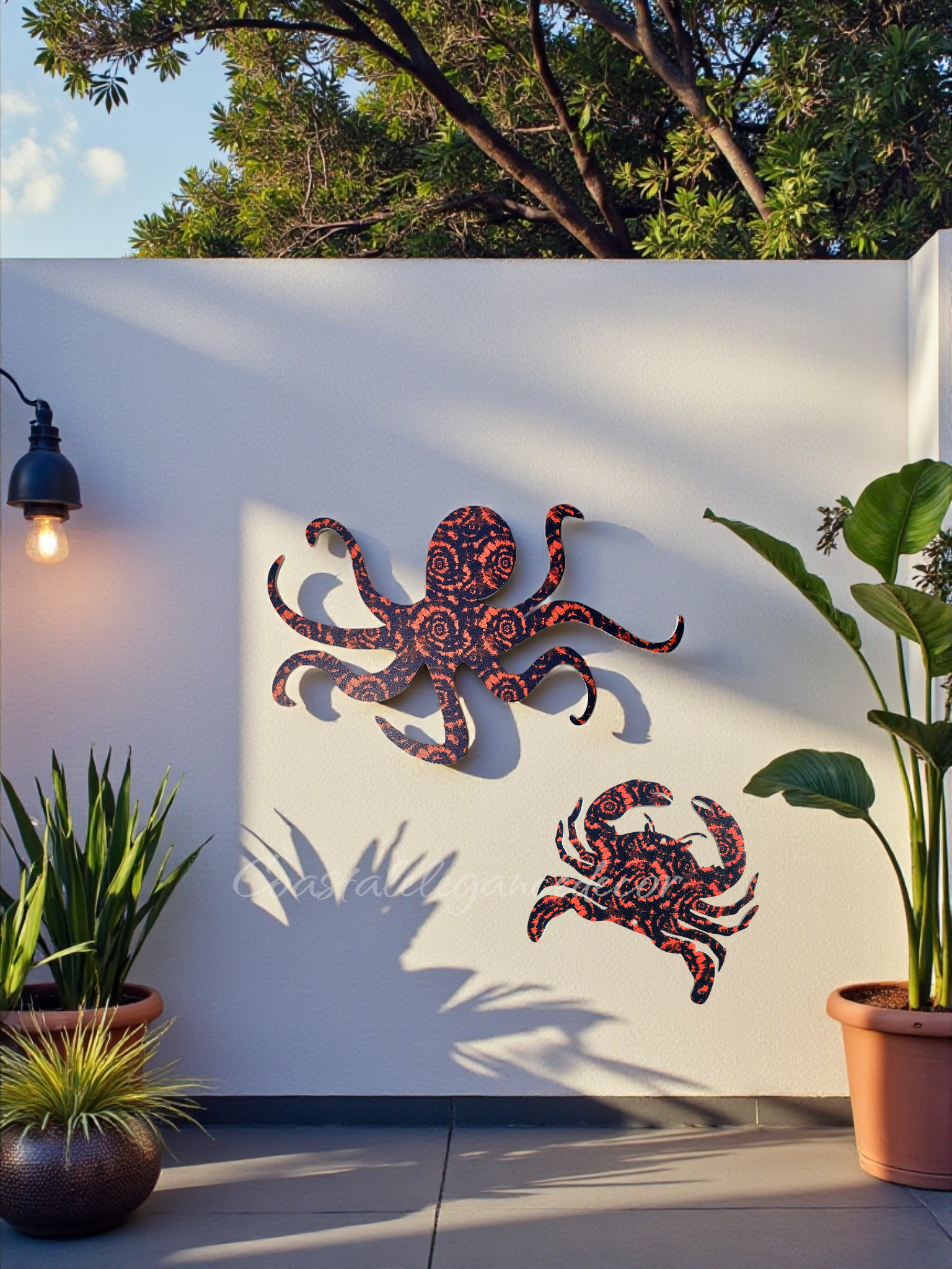 Large octopus and crab acrylic wall art in sunset current pattern - outdoor patio decor