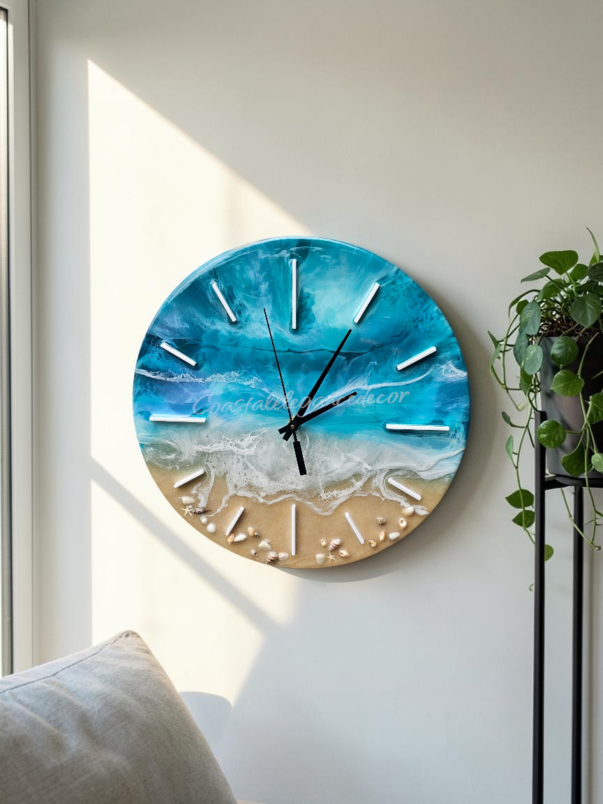 Handmade 12" Soft Turquoise Ocean Resin Wall Clock – Pastel Wave Art