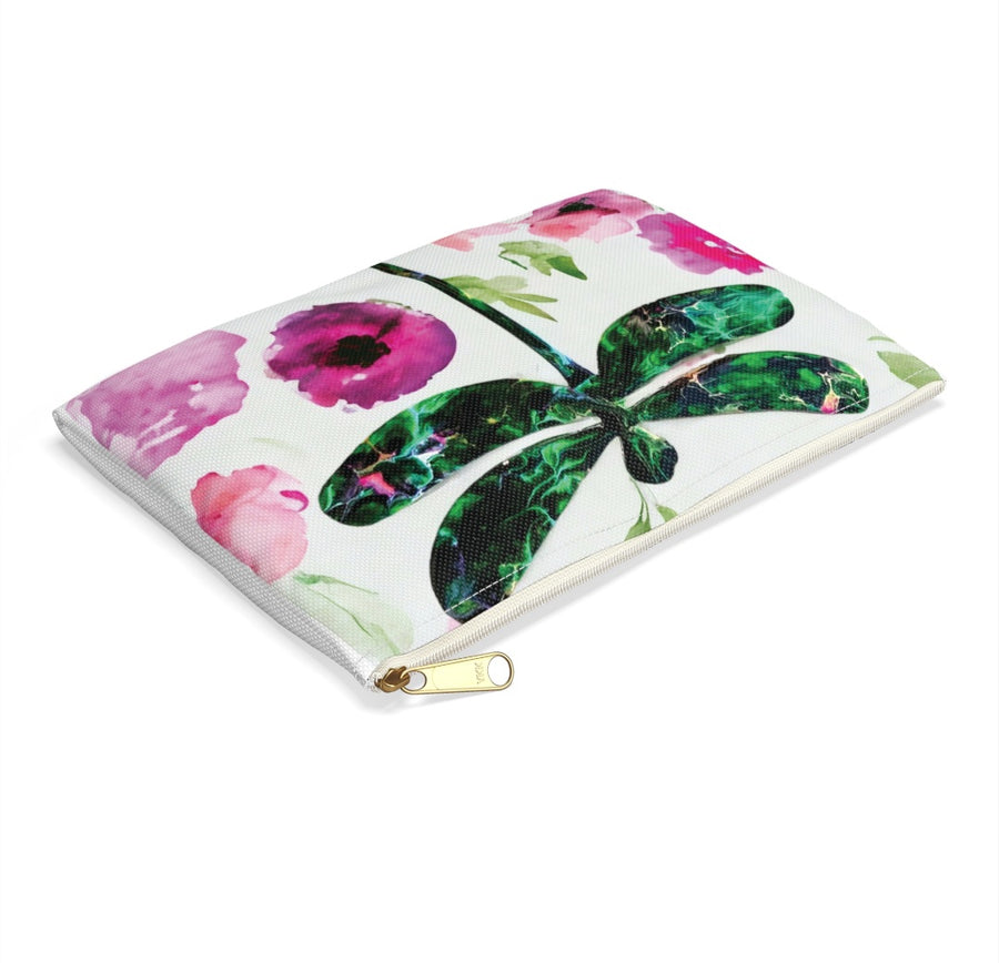 Green Dragonfly with Pink Flowers Original Art Accessory Pouch