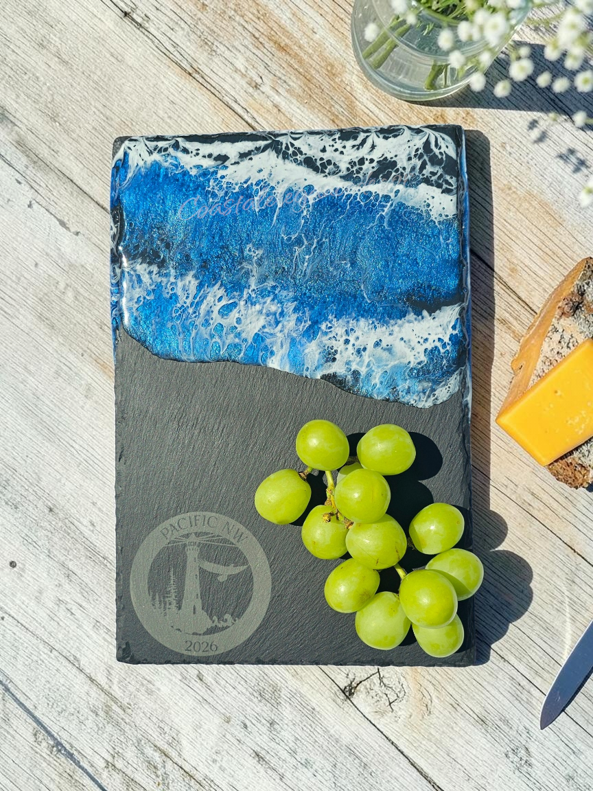 Slate & Ocean Resin Wave Charcuterie Board | Pacific Northwest Eagle & Lighthouse Serving Platter (12" x 8")