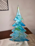 Load image into Gallery viewer, Close-up view of Handmade Blue Green Silver Resin Christmas Trees Holiday Mantelpiece decorations, highlighting handcrafted details and vibrant colors for your mantel.
