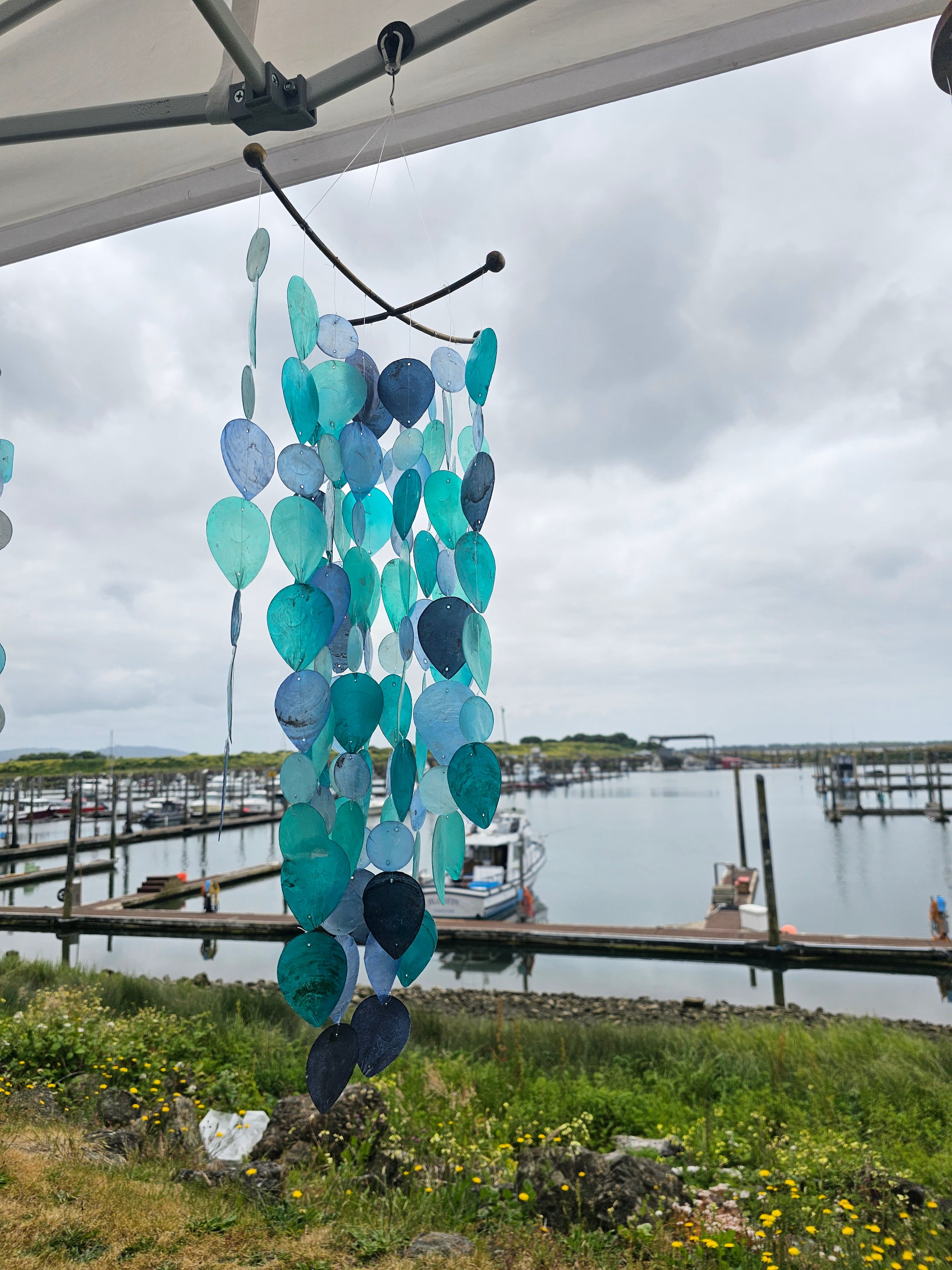 Handmade Capiz Criss Cross Top Teal Teardrop Wind Chimes Patio Decor 24"