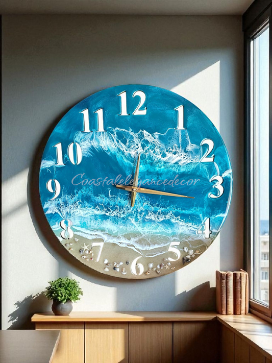 Large 19.5 Inch Standard Number Wall Clock -  Sandy Beach Design with Turquoise Ocean Waters