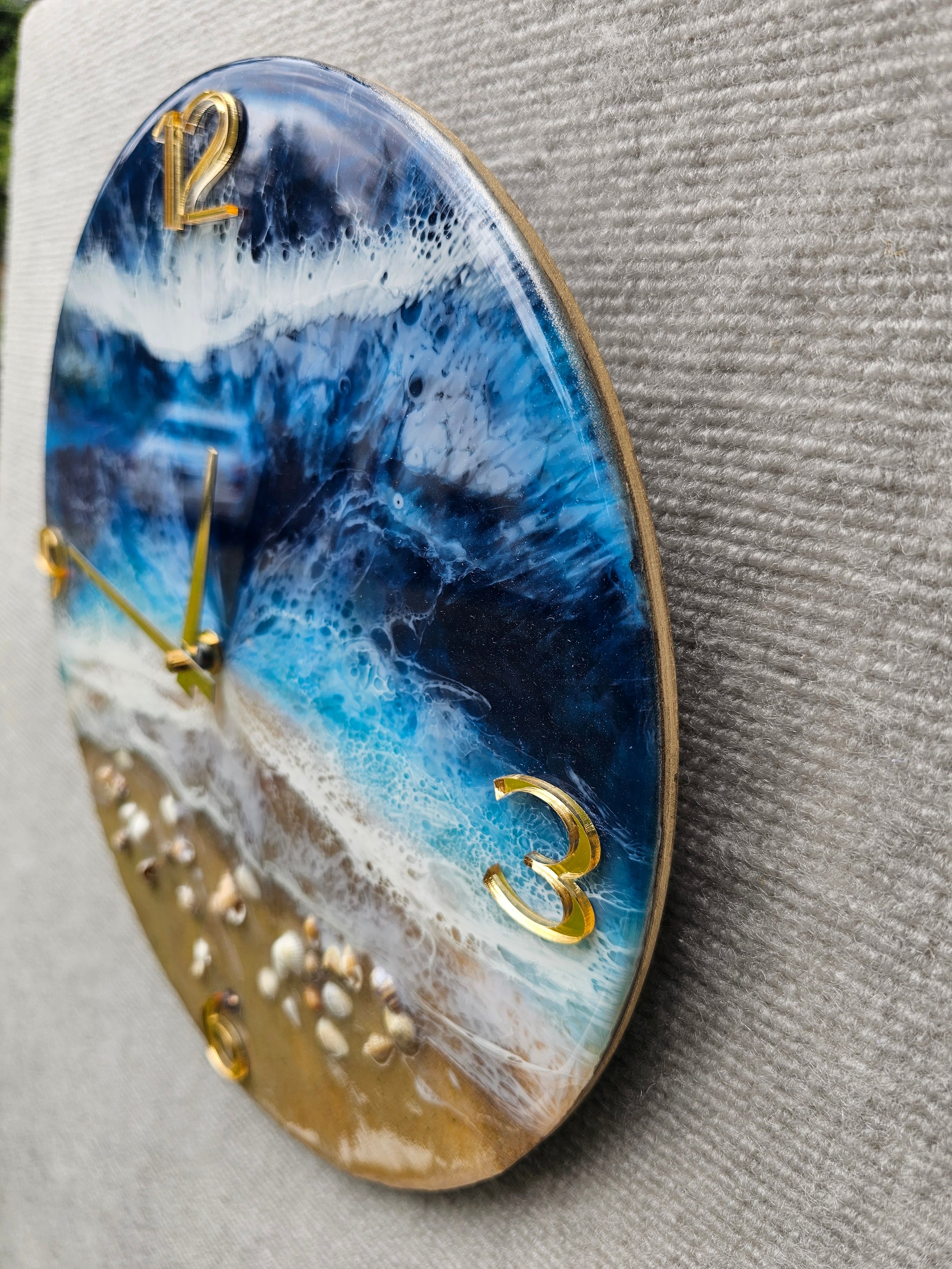 Handmade 12" Deep Blue Ocean Resin Wall Clock – Contemporary Gold Wave Art