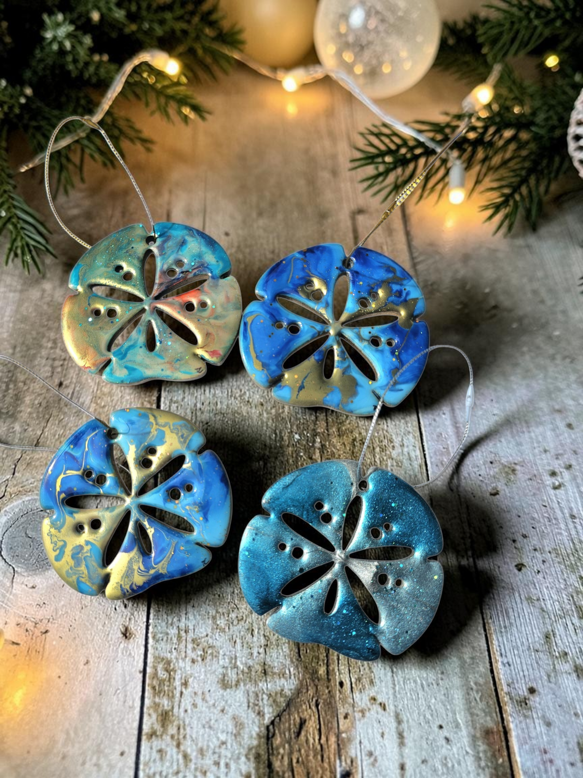 Handmade Coastal Sand Dollar Christmas Ornaments Resin and Wood