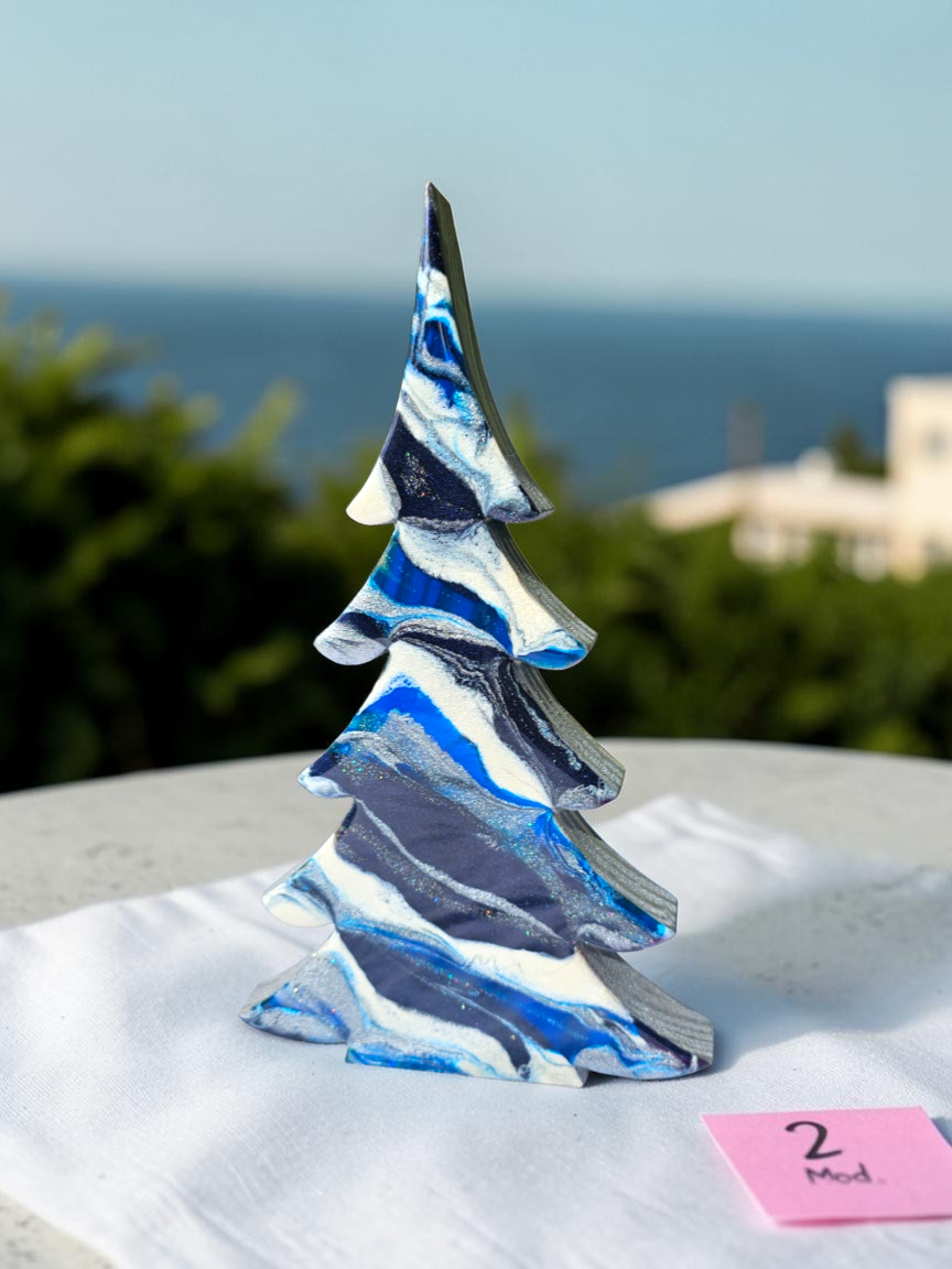 Contemporary Resin Tree – Cobalt Indigo & Silver Stripe Garland Accent