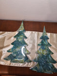 Load image into Gallery viewer, Handmade Green and Silver Resin Wood Christmas Trees Holiday Mantelpiece - Medium 8 inch size, perfect for festive decoration with intricate swirls and glitter.

