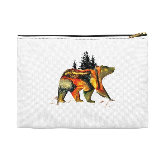 Bear with Evergreen Trees Original Art Accessory Pouch featuring a vibrant bear design with evergreen trees, perfect for organizing cosmetics or travel essentials, handmade resin on wood.