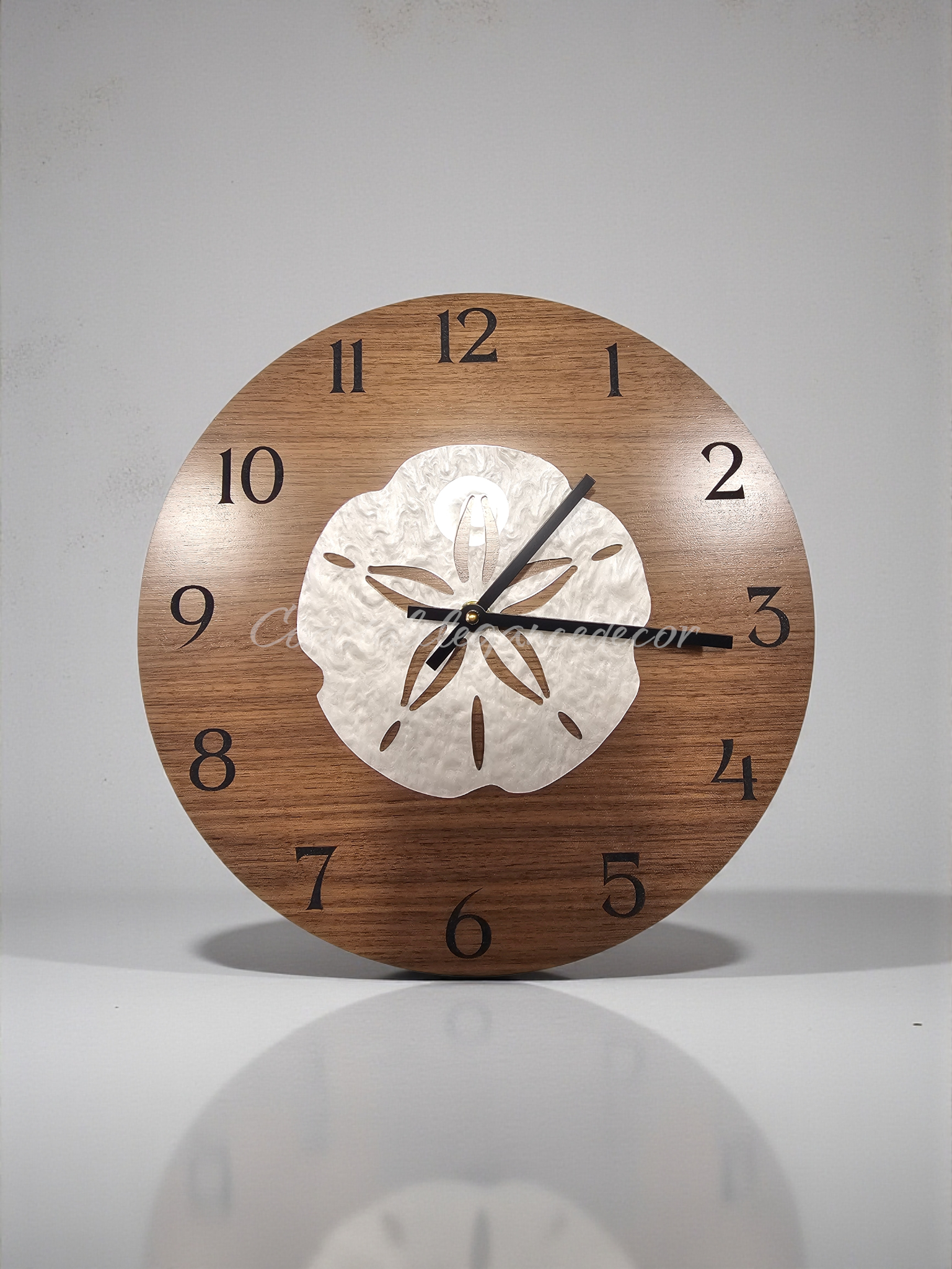 Coastal Sand Dollar Wall Clock - 12" Walnut Wood MDF with Pearl Acrylic Overlay