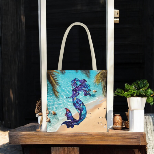Custom Original Art Purple Mermaid Tropical Beach Lover Tote Bag featuring vibrant tropical beach background, available in 3 sizes and perfect for beach lovers.