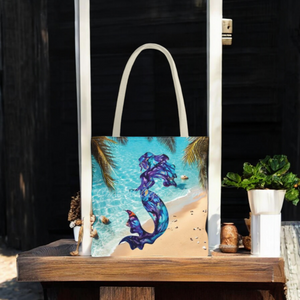 Custom Original Art Purple Mermaid Tropical Beach Lover Tote Bag 3 Sizes