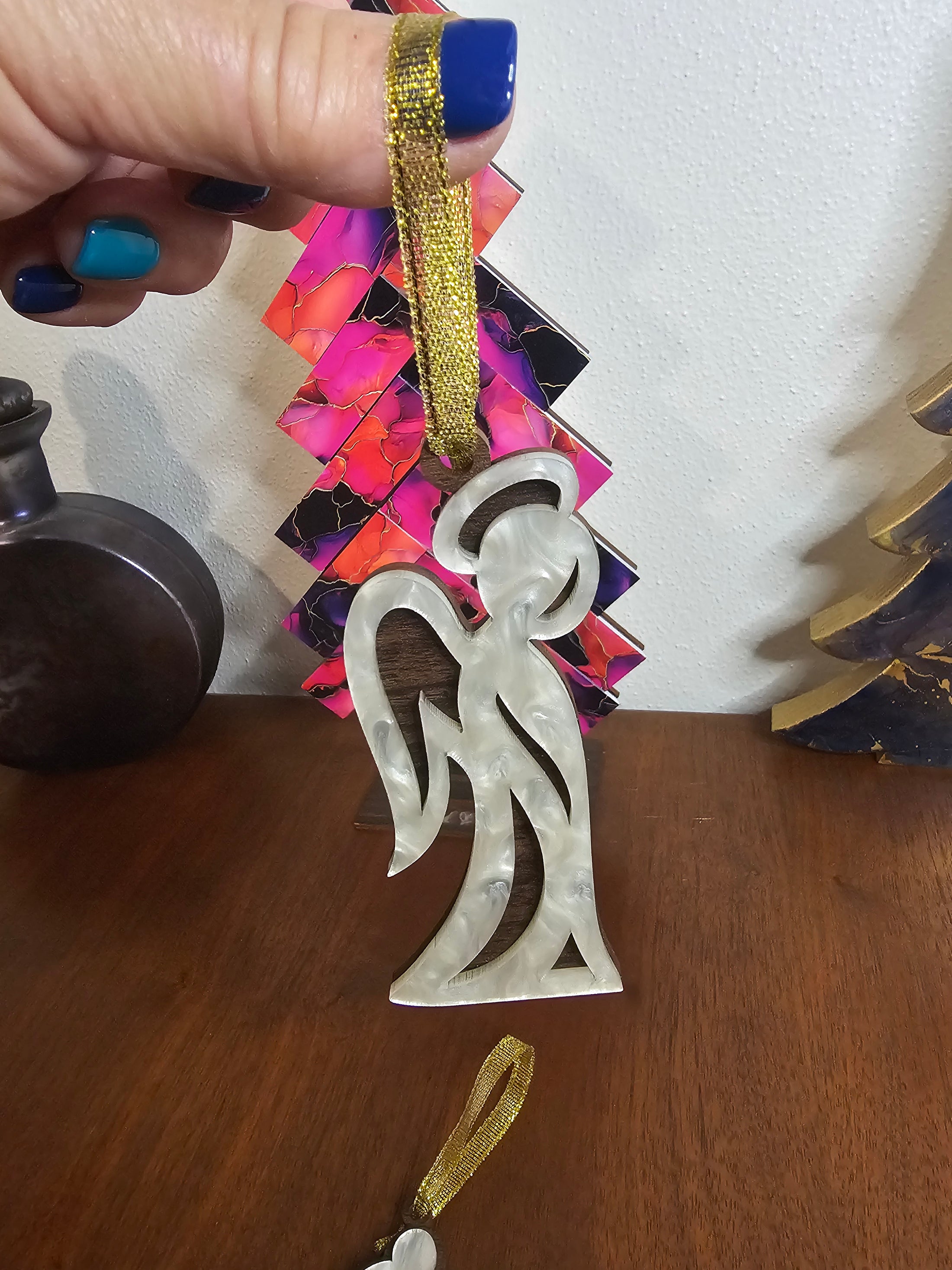 Layered Pearl Acrylic on Dark Wood Angel or Mary Joseph & Jesus Handmade Christmas Ornaments